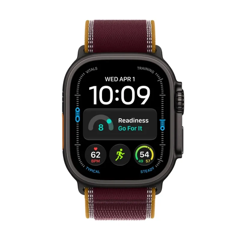 Apple Watch Ultra 4 GPS + Cellular 49 mm Titane noir avec Boucle Trail bordeaux — S/M